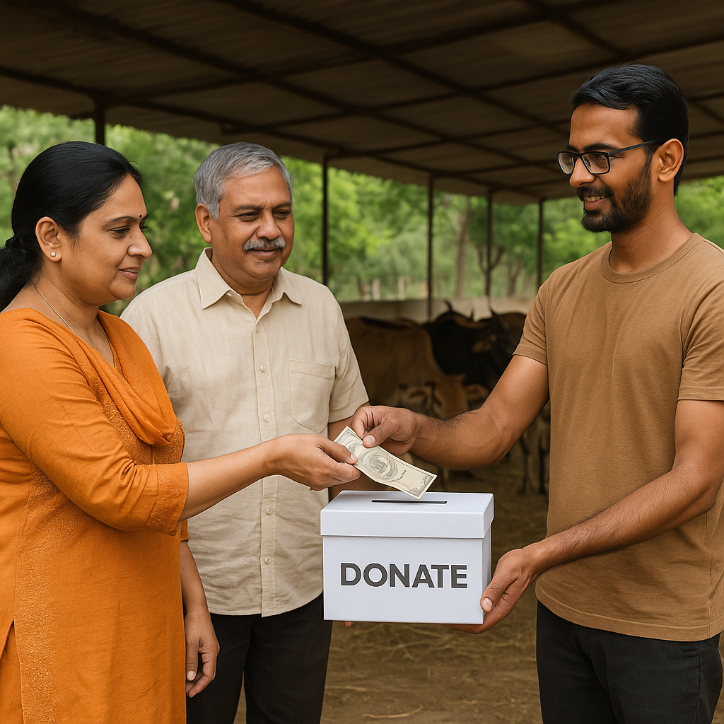 People donating in goshala